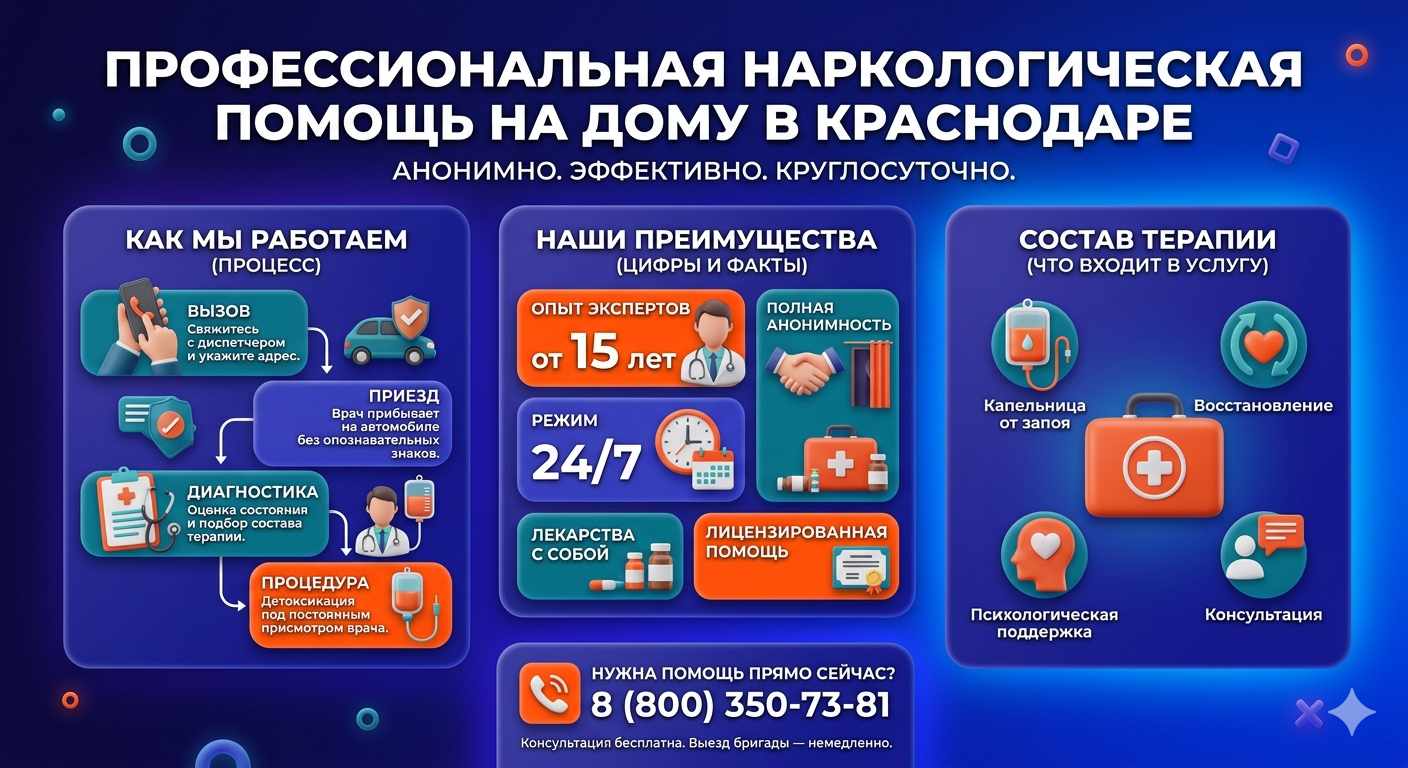 Инфографика о принципах лечения алкоголизма на дому в Витязево: этапы вызова нарколога, преимущества анонимной детоксикации и состав медицинской помощи.